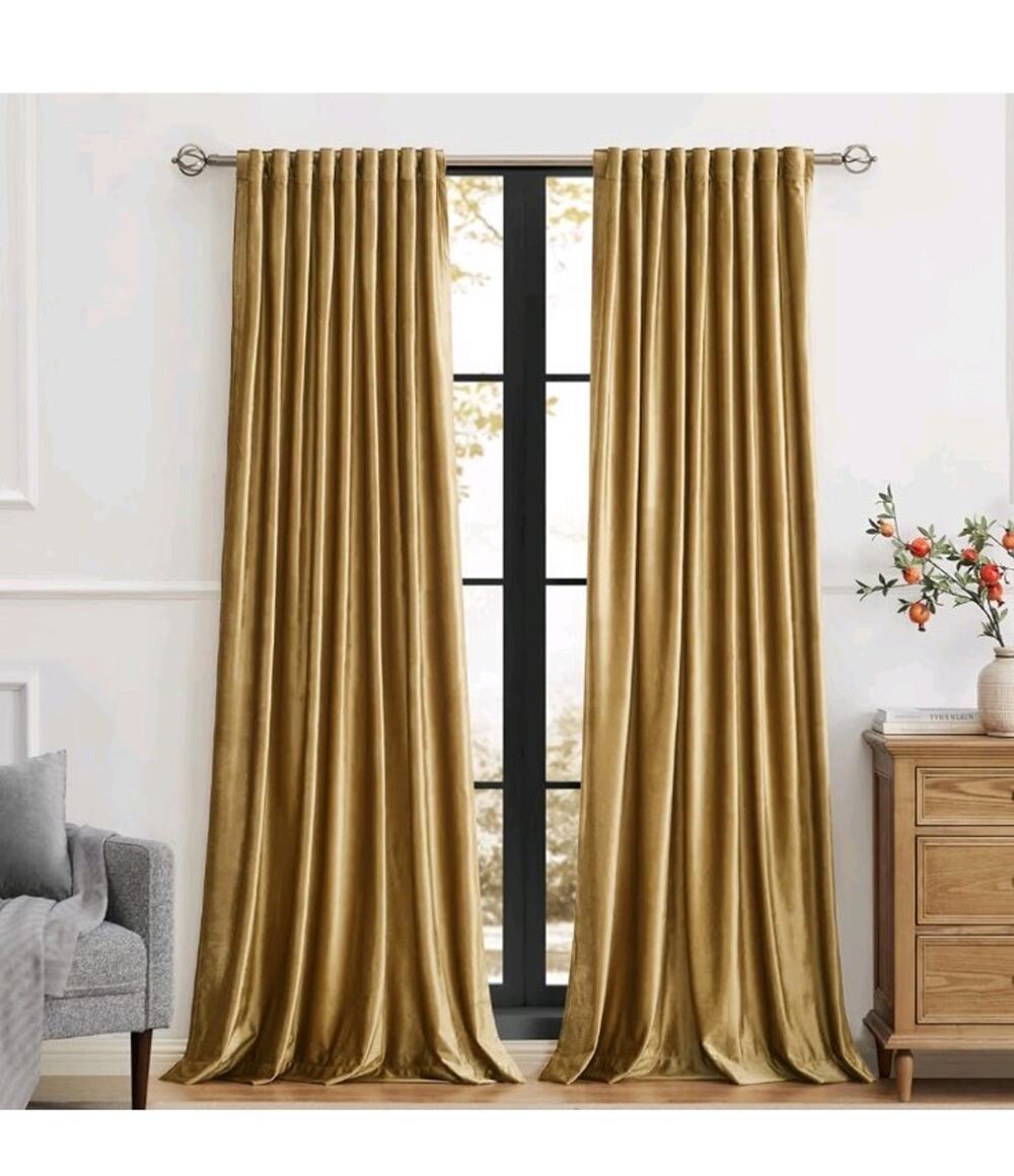 Velvet Gold Curtains 108 Inch Length- Living Room Blackout Thermal Window Drapes
